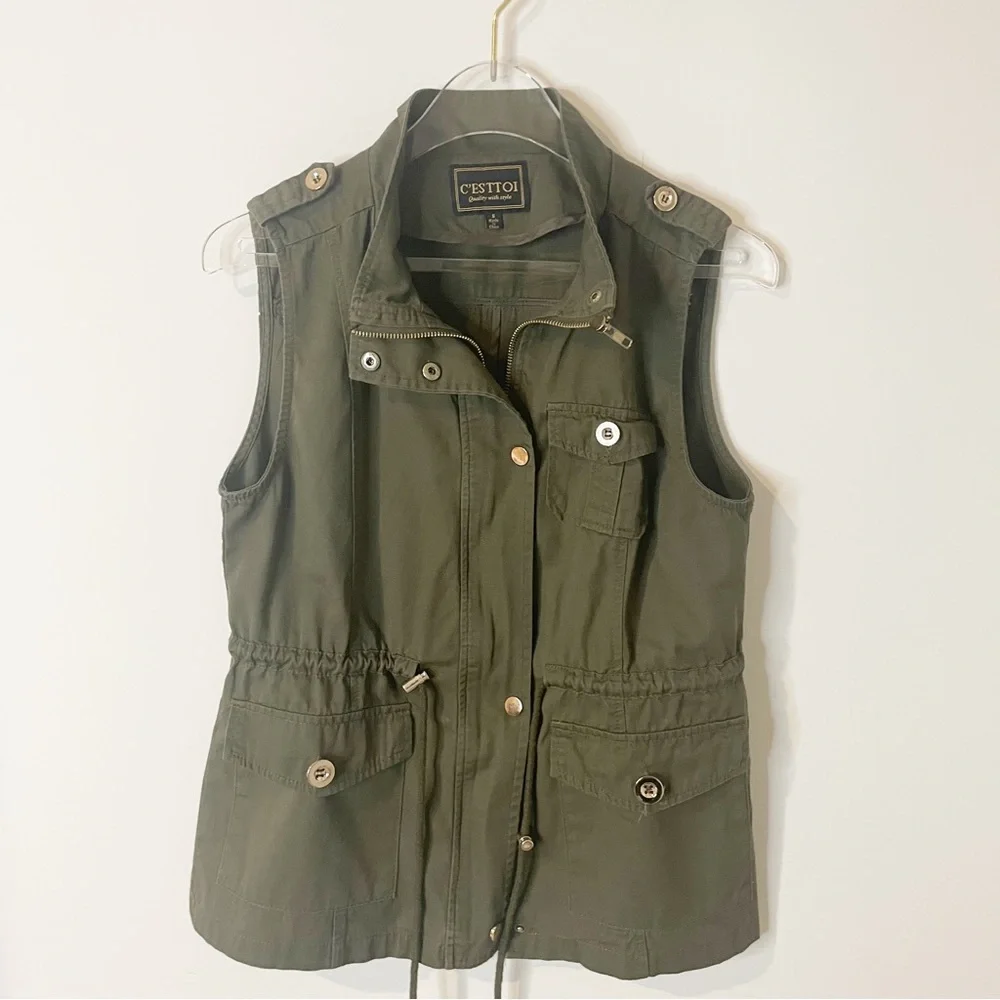 Green Sleeveless Cargo Vest drawstring waist Zipper and button closure - Picture 1 of 10